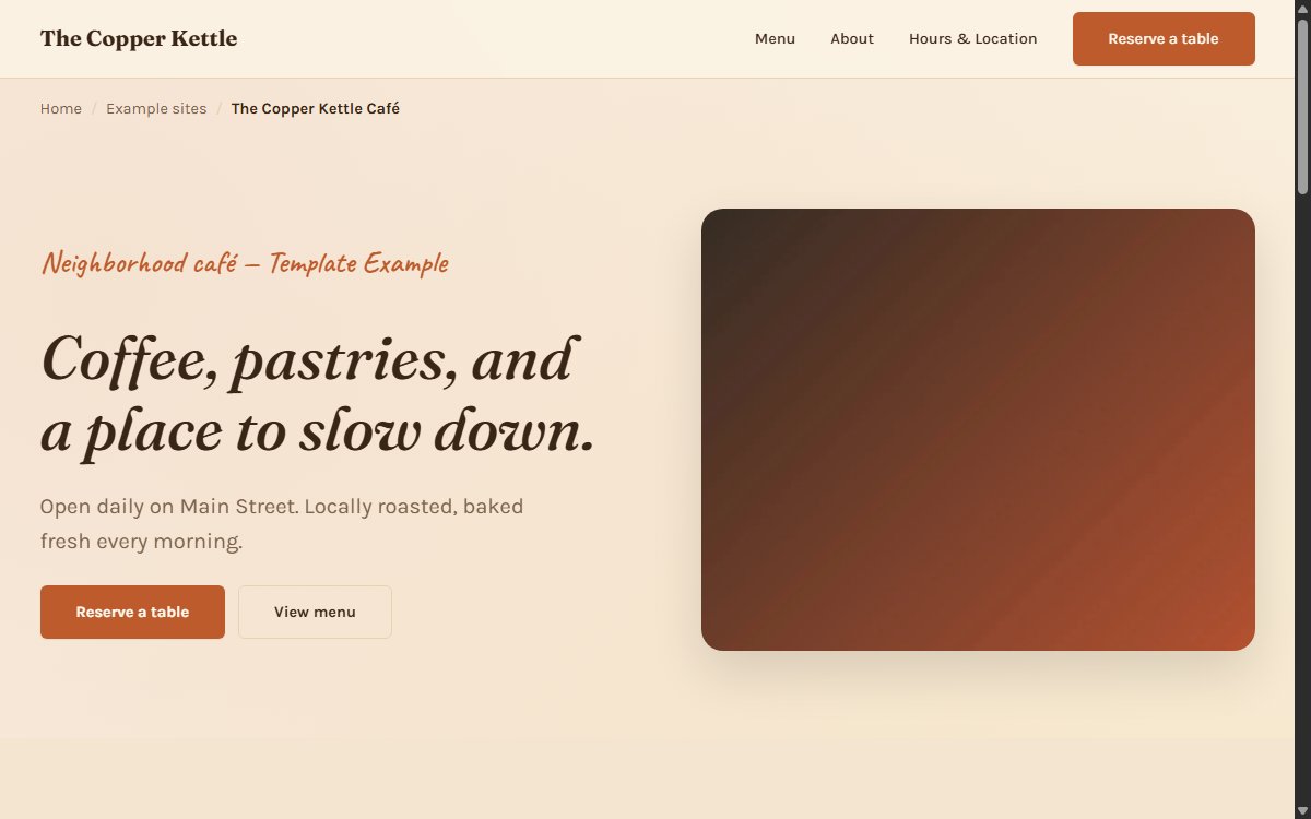 Preview of the Copper Kettle Café template example, featuring a menu grid and reservation form