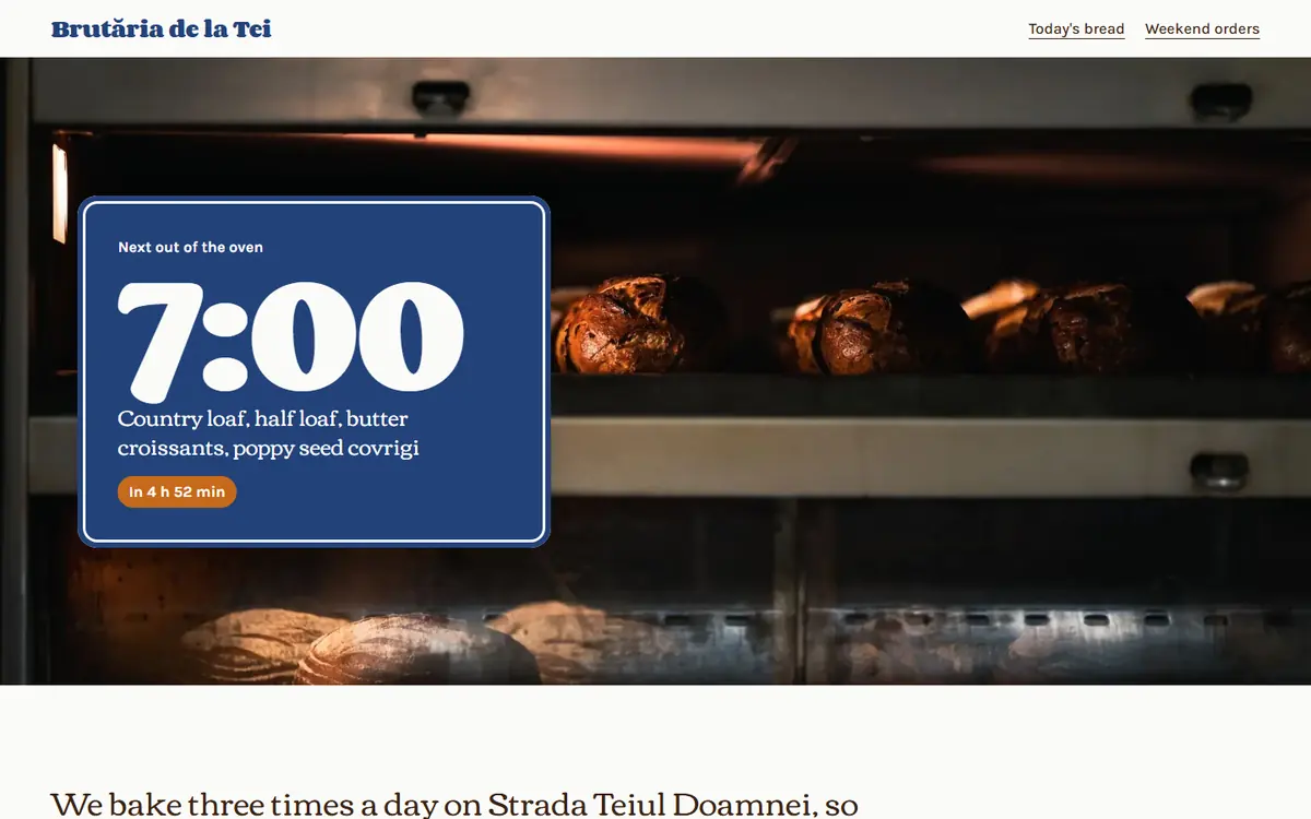 Preview of the Brutăria de la Tei example site for bakeries