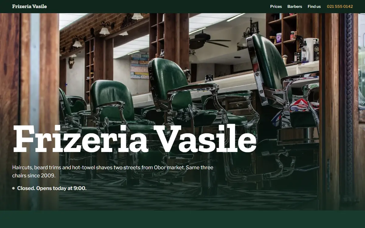 Preview of the Frizeria Vasile example site for barbershops