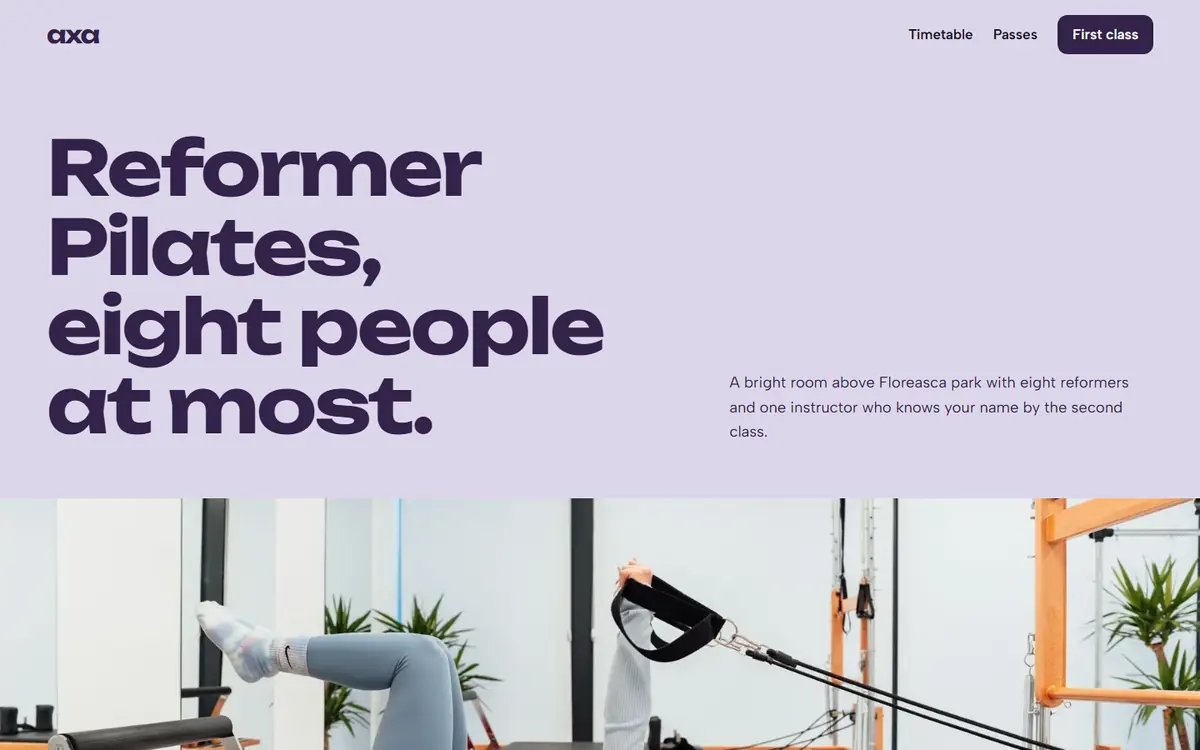 Preview of the Axa Studio example site for pilates and fitness studios