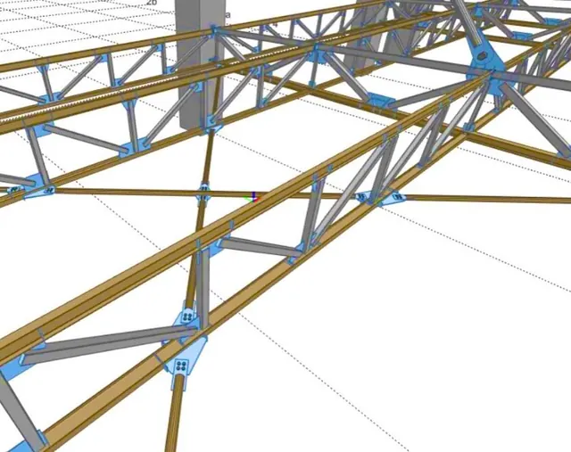 Model BIM al unor ferme metalice, cu plăcile de prindere evidențiate