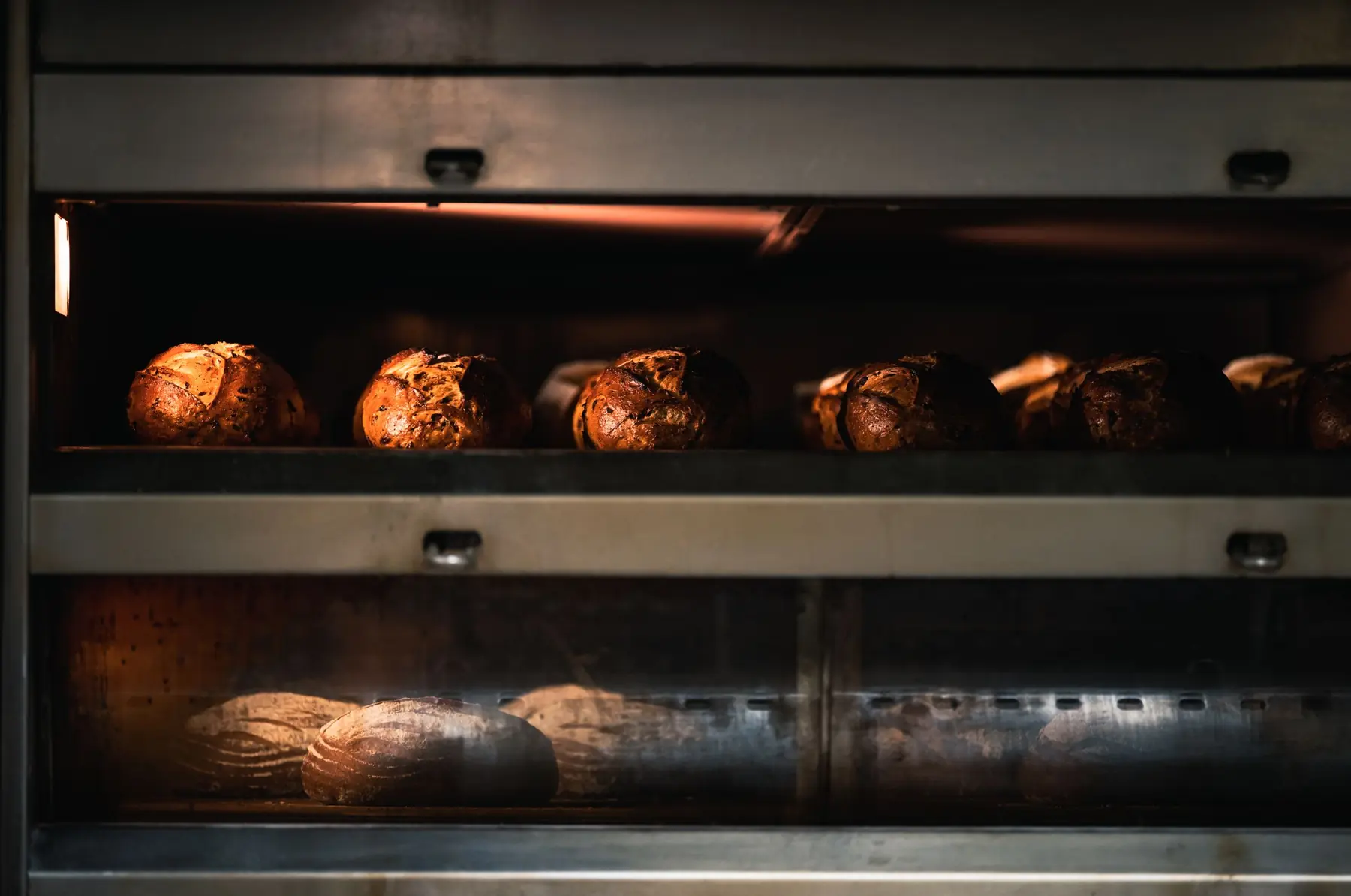 Round loaves baking on the deck of a professional oven